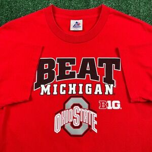 Vintage Beat Michigan Ohio State Buckeyes Spellout T-Shirt Mens Large Red Y2K
